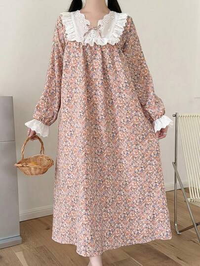 SHEIN 少女粉色碎花拼接白色领口荷叶边蝴蝶结可爱甜美公主风长袖连衣裙