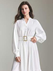 Ontre 女士象牙色舒适柔软面料修身廓形小圆领长袖泡泡袖收腰蓬蓬裙拼接设计现代优雅婚礼宾客装扮简约浪漫法式奢华都市时尚商务休闲办公室低调复古高端都市通勤高品质机场邮轮中东必备百搭四季婚礼系列长裙 - 白色 - 查看 5