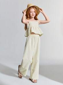 Maija Kids Maija Kids Tween Girl Woven Light Yellow Striped Camisole And Pants Casual Outfit - Yellow - View 1