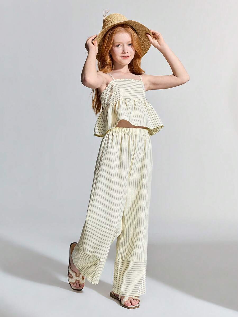 Maija Kids Maija Kids Tween Girl Woven Light Yellow Striped Camisole And Pants Casual Outfit - Yellow - View 1