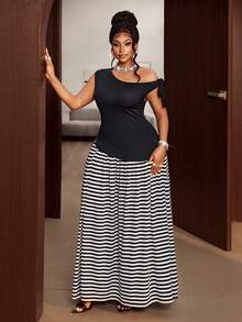 Maweii Plus Size Women's Spring/Summer Asymmetric Shoulder Striped Patchwork Fashion Dress - Black and White - View 7