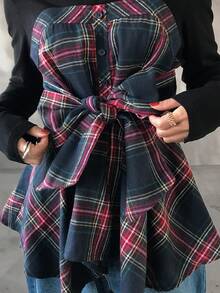 FRIFUL Plaid Patchwork High Neck Long Sleeve Waist Tie Cinched Waist Slimming Casual Versatile Shirt - Blue - View 1