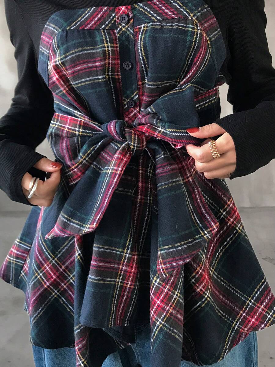 FRIFUL Plaid Patchwork High Neck Long Sleeve Waist Tie Cinched Waist Slimming Casual Versatile Shirt - Blue - View 1