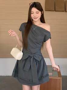 DAZY Đầm midi trễ vai thanh lịch dành cho nữ, thắt eo, chân váy xòe, đầm hè. - Xám - Xem 9