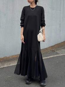 FRIFUL Robe noire unie à ourlet évasé, polyvalente et décontractée, automne/hiver pour femmes - Noir - Voir 4