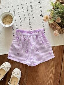 SHEIN LMoss Kids Baby Girl Casual Striped Bow Print Wrap Shorts, Summer - Purple - View 2