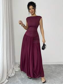 Selianne Robe longue plissée en mousseline de soie avec col Mao, manches larges et taille élastique en tricot pour femmes, rouge angora, élégante et sophistiquée, style romantique français rétro, convient pour le travail, les affaires, la plage, les occasions décontractées, simple et polyvalente, adaptée pour le mariage, la Saint-Valentin, le thé de l'après-midi, les fêtes, nouvelle arrivée pour le printemps/été - Bordeaux - Voir 7