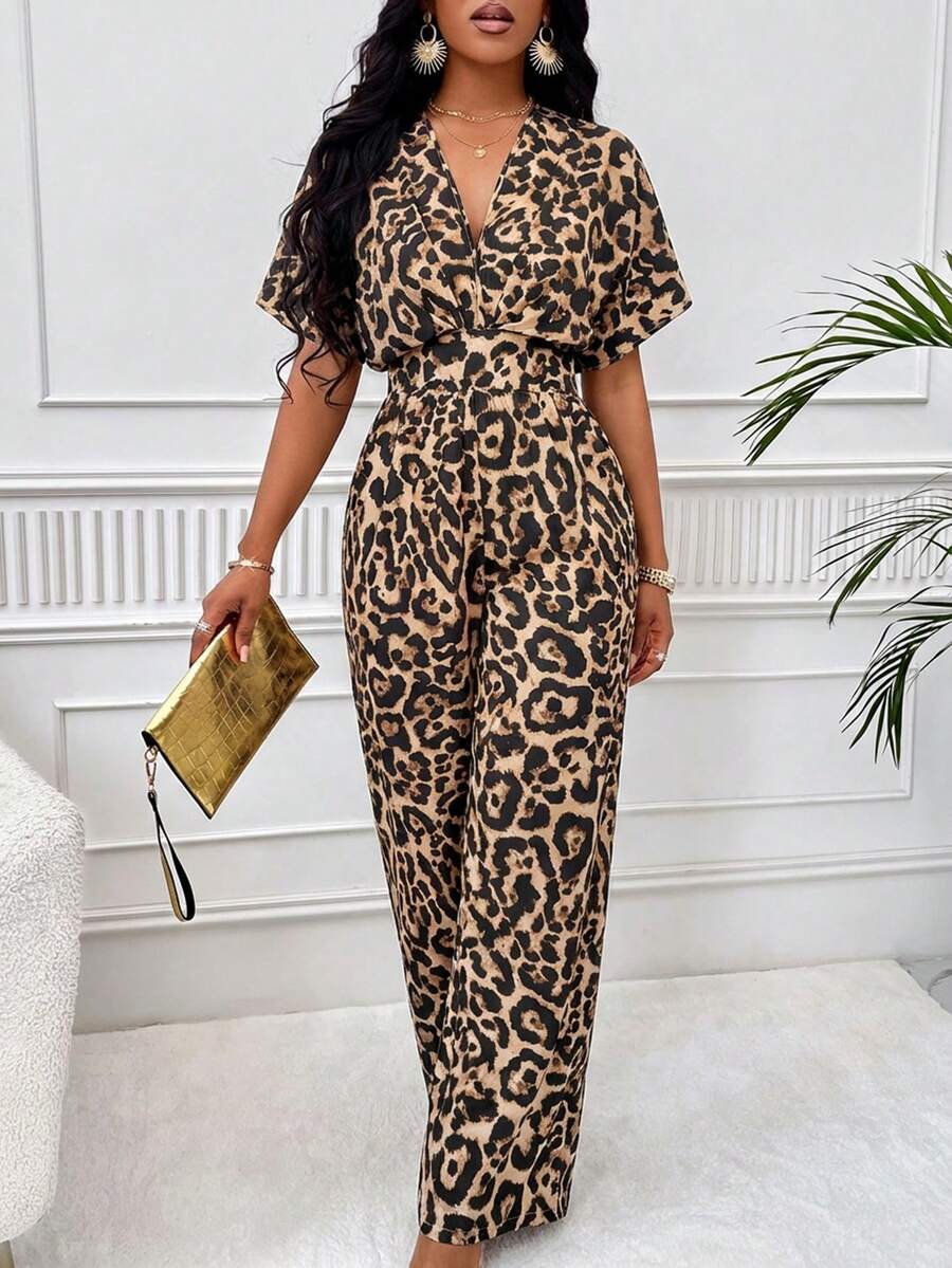 SOLERSUN Women's Sexy & Elegant Leopard Print Batwing Sleeve Waist Cinched Wide Leg Jumpsuit (Random Floral) - Brown - View 1