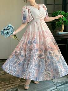 DAZY 女士优雅碎花V领泡泡袖中长连衣裙，夏季吊带裙 - 藍色 - 查看 5