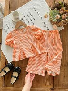 LMoss Kids Babygirl Cute Summer Bow Tie Striped Short Sleeve Top And Elastic Waist Pants Set - Black - View 1