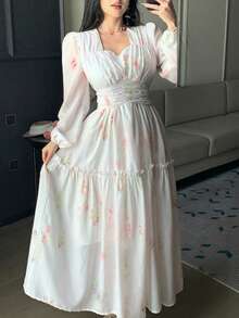 DAZY Đầm nữ thanh lịch cổ chữ V xếp ly viền ren họa tiết hoa, dài ngang gối, thích hợp cho dự tiệc cưới mùa xuân/hè. - Hồng - Xem 7