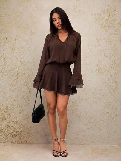 SHEIN PETITE Chocolate Ruffle Tie-Neck Long-Sleeve Skater Mini Dress – Boho Fall Chic,Ruffle Sleeve Dress,Tie Neck Dress, Long Sleeve Mini Dress, Boho Fall Outfit, Skater Dress Women,Brown Autumn Fashion, Dress With Knee-High Boots,Women's Vacation Casual Solid Color Flare Sleeve Short Dress Chocolate Brown Dress Brown Two Piece Set Women Coffee Brown Dress Dark Brown Dress Brown Romper Women