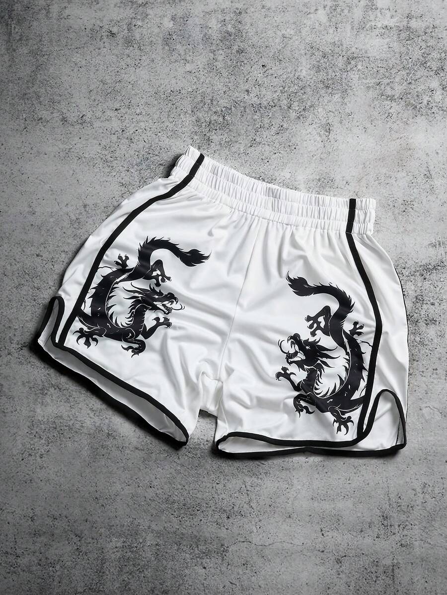 Manfinity EMRG Men's Chinese Dragon Print Elastic Waist Boxing Training Shorts - White - View 1