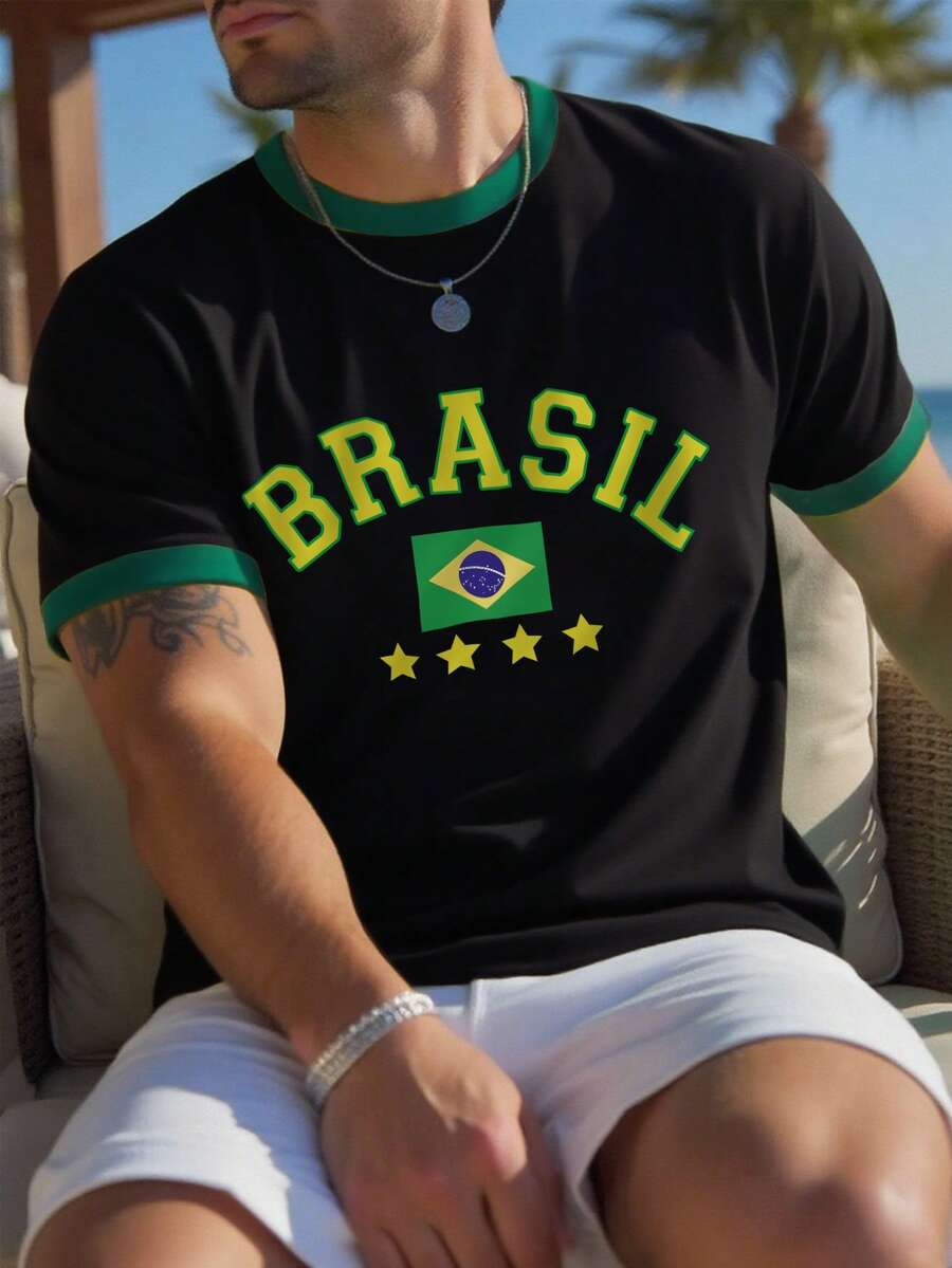 Manfinity Homme Manfinity Hypemode 男士拼接T恤，绿色和黄色巴西足球运动元素及字母印花图案，撞色拼接短袖 - 黑色 - 查看 1