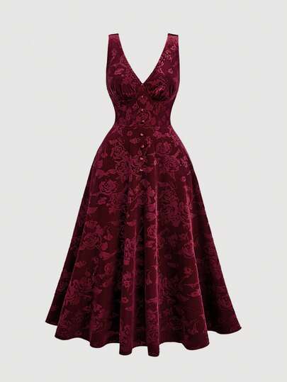 SHEIN MOD Plus Size Vinröd V-ringad Vintage sammet präglad långklänning, vår/sommar balsal festklänning