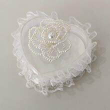 1 pieza Caja portátil con forma de corazón para propuesta, con adorno de encaje y flores, almohada para anillo de boda para niña de las flores, Navidad - Blanco-5941 - Ver 10