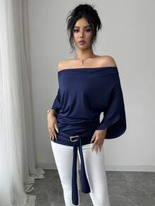 Selianne 女士V领荷叶边蝙蝠袖纯色短袖T恤，腰部饰有金属装饰系带，修身休闲上衣，适合夏季、休闲/办公通勤、度假、乡村派对等场合，优雅百搭。 - 藍色 - 查看 6