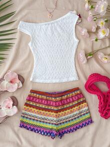 SHEIN Tween Girl 2-Piece Set: White Textured Knit Cold-Shoulder Top & Colorful Striped Skinny Shorts, Summer Tropical Vacation Holiday Crochet Knit Outfit - Multicolor - View 2