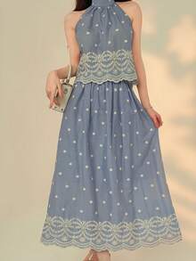 DAZY Women's Elegant Floral Embroidery Halter Neck Sleeveless Top And Skirt 2-Piece Set, Summer - Blue - View 1