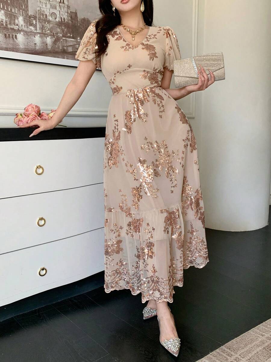 DAZY 女士优雅花卉亮片V领泡泡袖连衣裙，夏季婚礼宾客礼服/吊带裙 - 粉色 - 查看 1