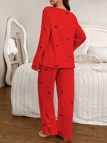 Moonlight&Mama 2pcs Polka Dot Bow Print Nursing Friendly Crew Neck Long Sleeve Top And Pants Maternity Pajama Set - Red - View 2