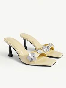 CUCCOO CHICEST Women Shoes Summer Popular Sequins Decal Square Head Stiletto Sweet Fairy Wind Comfortable Slippers Outer Wear Valentine's Day