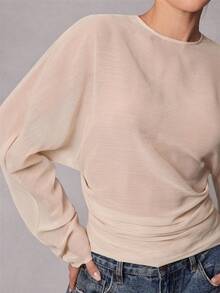 Hauture Women's Sheer Texture Butter Yellow Chiffon Open Back With Tie Detail Long Sleeves Blouse - Light Yellow - View 5