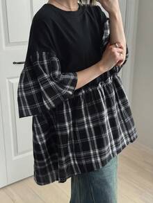 FRIFUL Women's Plaid Short Sleeve Loose Casual Versatile T-Shirt, Spring/Summer - Black - View 1