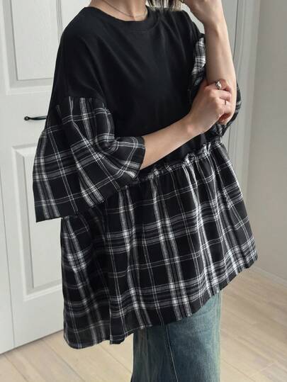 FRIFUL Women's Plaid Print Round Neck Contrast Color Casual Loose T-Shirt