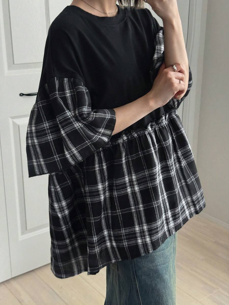 FRIFUL Women's Plaid Short Sleeve Loose Casual Versatile T-Shirt, Spring/Summer - Black - View 1