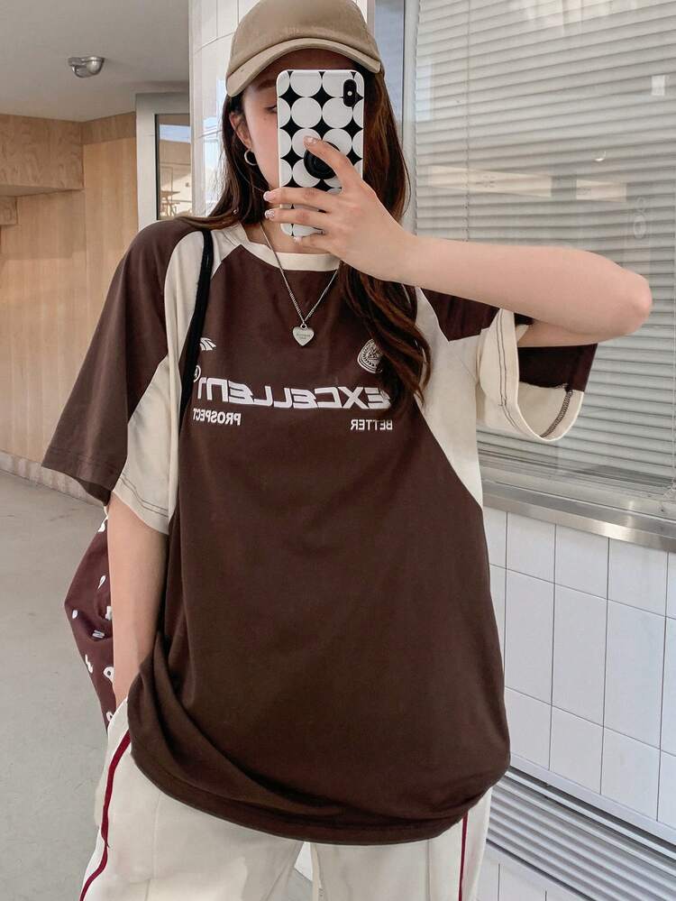 Women's Contrast Color Letter Printed Round Neck Short Sleeve T-Shirt EXCELLENT BETTER PROSPECT Jersey Summer