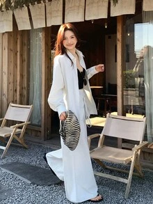 DAZY Women's Vertical Striped Shirt Set, Casual Loose Waist Tie Top And Wide Leg Pants 2-Piece Outfit, Summer - Apricot - View 1