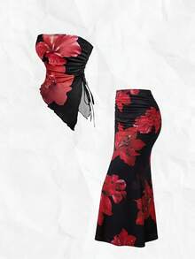 Olithes 女士红色碎花浪漫优雅性感无肩带两件套，包含上衣和半身裙；沙滩度假休闲套装；蝴蝶结抽绳设计，收腰显瘦，不规则下摆；露肩套装；生日装；情人节约会套装；派对套装；鱼尾裙两件套 - 黑色 - 查看 8