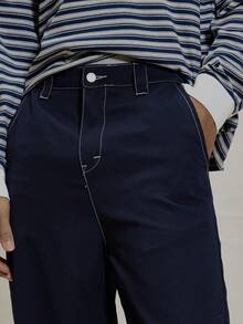 Musero Pantalón de pierna recta con costuras de contraste, detalles de presilla para cinturón y estilo de mezclilla, esencial para primavera y verano - Azul - Ver 5