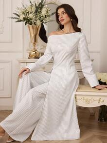 Modelyn Women's Striped Off-Shoulder Long Sleeve Zip-Up Top And High Waist Wide Leg Pants 2-Piece Set, Commuting & Casual Wear - White - View 7