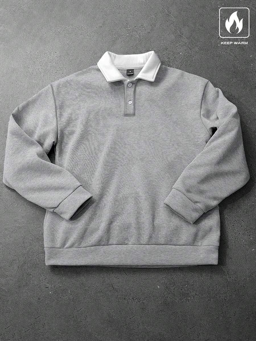 Manfinity Hypemode Men's Loose Fit Contrast Polo Collar Thermal Lined Long Sleeve Sweatshirt, Fall/Winter - Light Grey - View 1