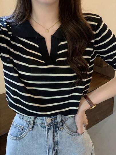 Blusa de mujer Nuevo suéter de punto de verano para mujer con cuello polo, manga corta holgada y a rayas de colores contrastantes