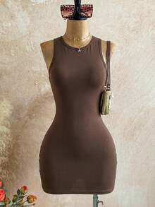 Attitoon Casual Minimalist Versatile Women Round Neck Bodycon Mini Dress, Suitable For Summer - Brown - View 1