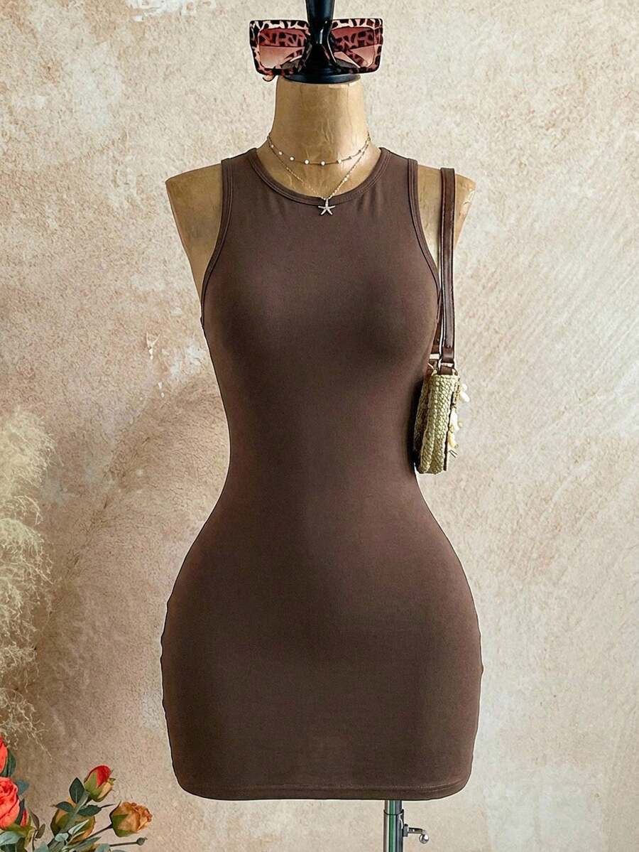 Attitoon Casual Minimalist Versatile Women Round Neck Bodycon Mini Dress, Suitable For Summer - Brown - View 1