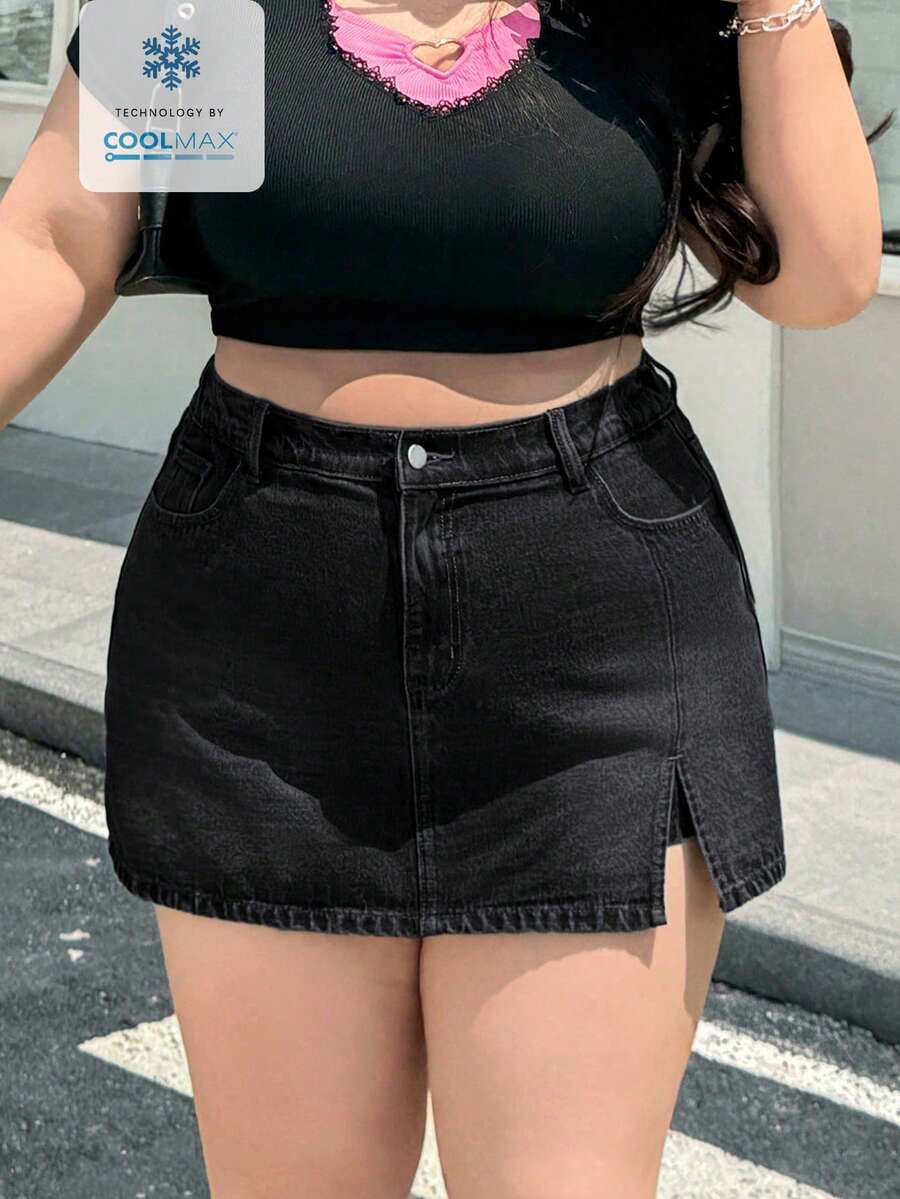 SHEIN ICON Plus Size Women's Casual Denim Shorts - Black - View 1