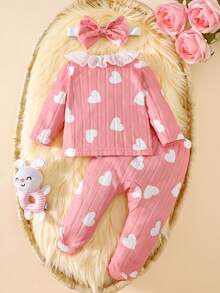 SHEIN 3件套女婴可爱甜美圆领蕾丝边长袖上衣+裤子+发带套装，粉色条纹樱桃印花图案，婴儿女童套装，休闲、舒适、时尚、简约、实用、多功能、柔软舒适的服装，适合作为礼物，每个宝宝的必备单品，四季皆宜，适合户外活动 - 珊瑚粉 - 查看 2