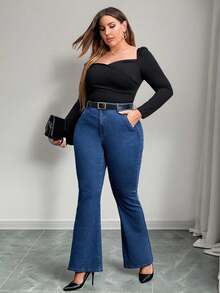 Elenzga Quần jeans ống loe dáng rộng, có túi và cúc cài, đa năng, thích hợp mặc hàng ngày, dành cho nữ, cỡ lớn. - Rửa trung bình - Xem 6