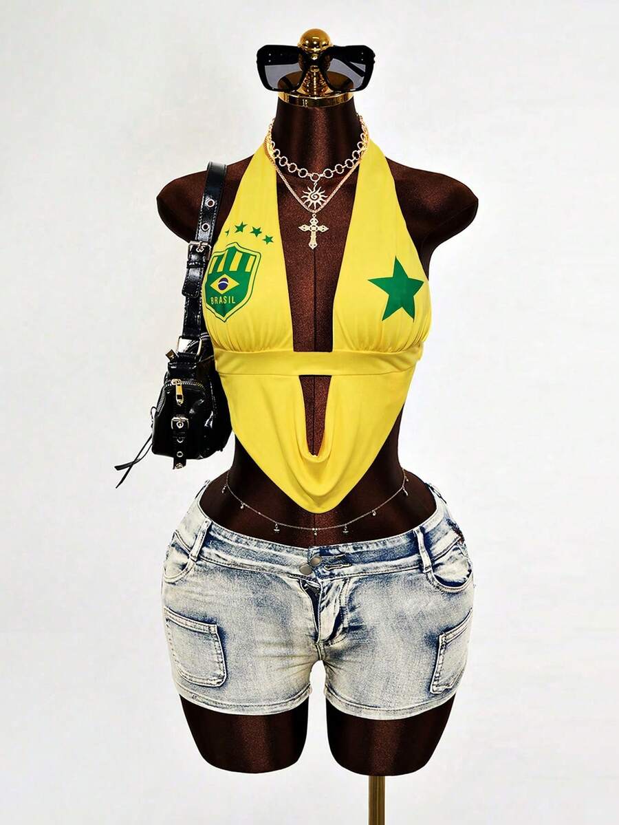 Mistrie Summer Sexy And Individualistic Street Star Badge Print Strapless Back Heart-Shaped Top - Yellow - View 1