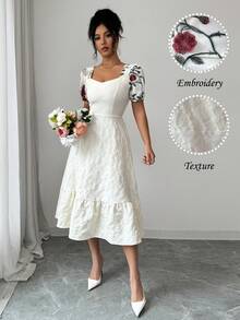 Selianne Women's Floral Embroidery Patchwork Puff Sleeve Ruffle Hem Elegant Dress - Multicolor - View 7