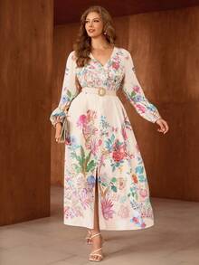 Flirla Đầm dài dáng ôm dành cho nữ cỡ lớn, họa tiết thanh lịch, dệt kim, có thắt lưng. - Hồng - Xem 5