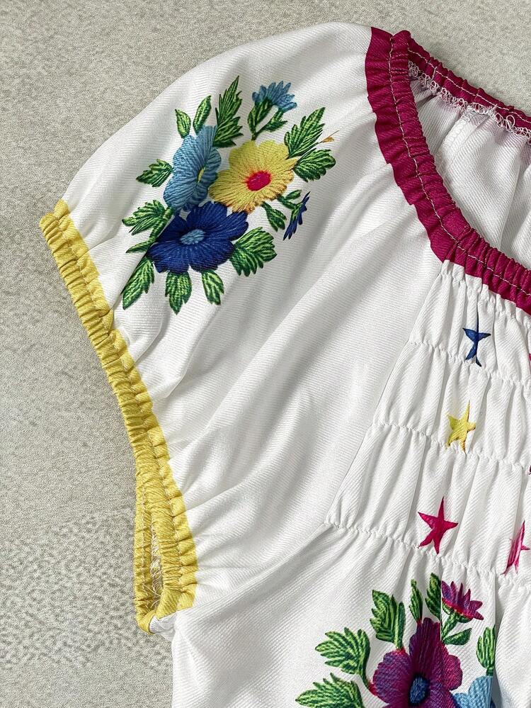 LanaWest Women's Spring Casual Vacation Bohemian Embroidered Blouse And Skirt Set, Suitable For Travel, Outing, Simple Short Sleeve 2-Piece Outfit - Multicolor - View 5