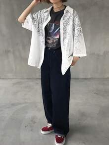 FRIFUL 女士蕾丝拼接翻领单排扣休闲通勤长袖衬衫 - 米色 - 查看 2