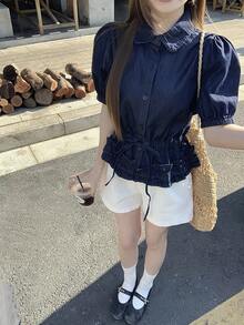 DAZY Women's Turndown Collar Washed Denim Blouse, Korean Style - Blue - View 1