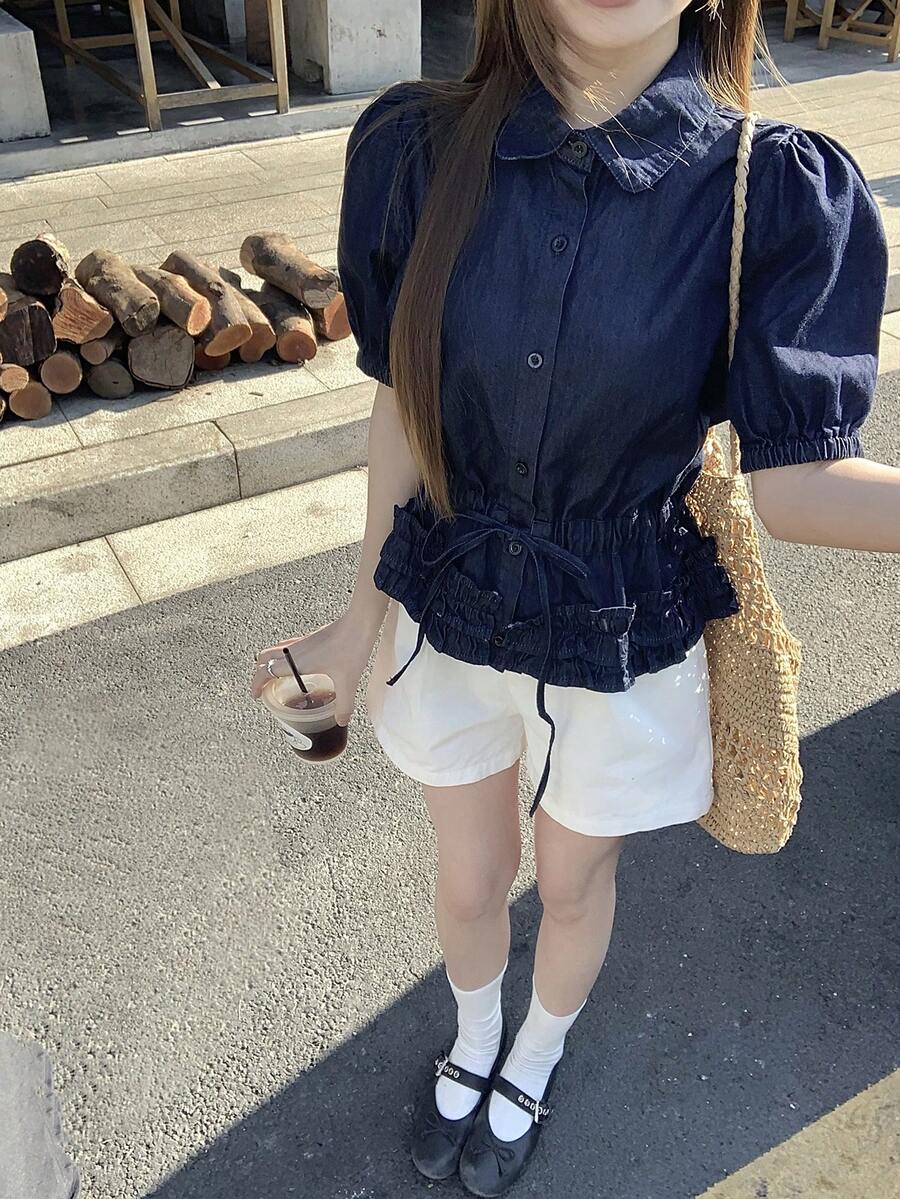 DAZY Women's Turndown Collar Washed Denim Blouse, Korean Style - Blue - View 1