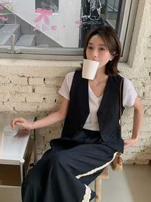 DAZY 女士V领纯色休闲背心和九分裤两件套家居服套装 - 黑色 - 查看 7